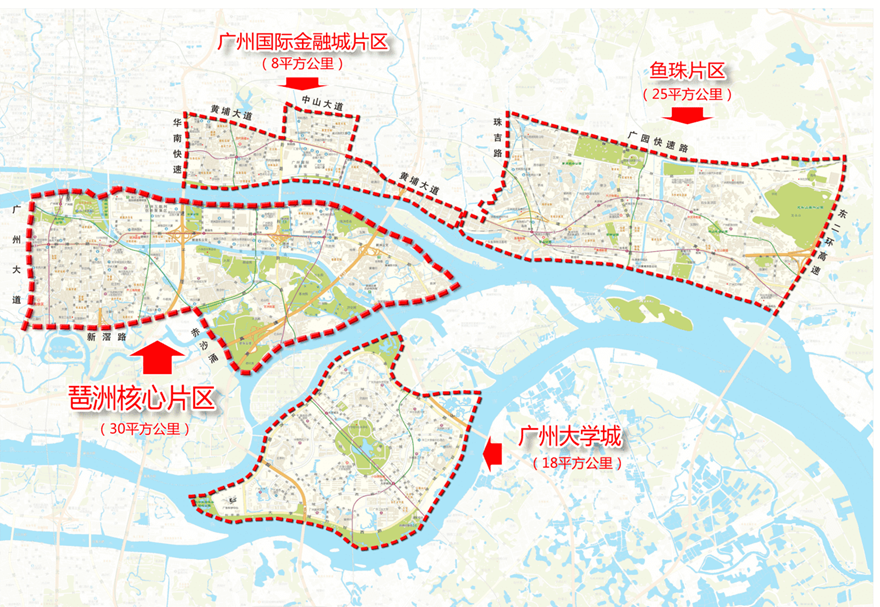 廣州人工智能與數(shù)字經(jīng)濟(jì)試驗(yàn)區(qū)由琶洲核心片區(qū)（含廣州大學(xué)城）、廣州國(guó)際金融城片區(qū)和魚(yú)珠片區(qū)構(gòu)建起“一江兩岸三片區(qū)”空間格局，總面積約81平方公里。每個(gè)片區(qū)都有各自不同的發(fā)展側(cè)重點(diǎn)，取得了不同的發(fā)展成效。圖為試驗(yàn)區(qū)示意圖。