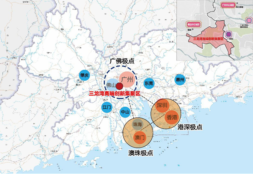 2021年2月，廣東省推進(jìn)粵港澳大灣區(qū)建設(shè)領(lǐng)導(dǎo)小組正式印發(fā)了《佛山三龍灣高端創(chuàng)新集聚區(qū)發(fā)展總體規(guī)劃(2020—2035年）》。三龍灣將打造成廣東省推進(jìn)粵港澳大灣區(qū)建設(shè)的重要發(fā)展平臺(tái)和珠江西岸創(chuàng)新極核，建設(shè)成為面向全球的先進(jìn)制造業(yè)創(chuàng)新高地、珠江西岸開放合作標(biāo)桿、廣佛融合發(fā)展引領(lǐng)區(qū)和高品質(zhì)嶺南水鄉(xiāng)之城。圖為三龍灣區(qū)位示意。