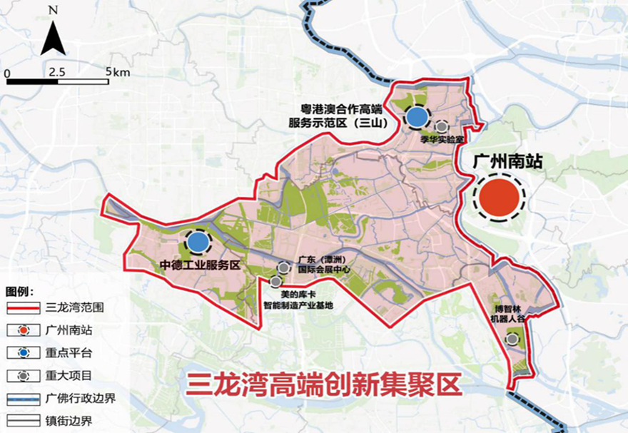 總體規(guī)劃提出，三龍灣是佛山立足粵港澳大灣區(qū)的門戶樞紐，已逐漸顯現(xiàn)出創(chuàng)新要素集聚、產(chǎn)城融合發(fā)展的態(tài)勢(shì)，具備高起點(diǎn)規(guī)劃、高標(biāo)準(zhǔn)建設(shè)的基礎(chǔ)條件。圖為三龍灣規(guī)劃范圍。