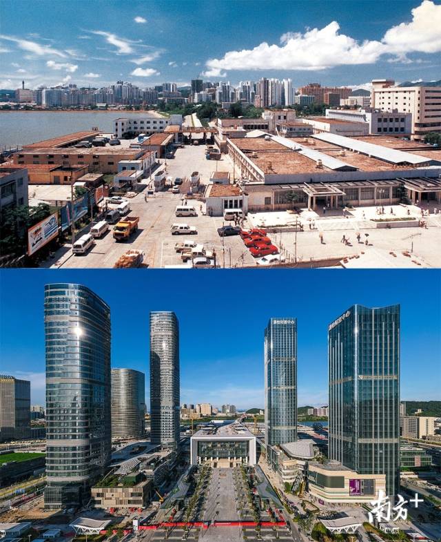 上圖：上世紀80年代的拱北口岸原聯(lián)檢樓；下圖：2020年，珠海橫琴口岸新大樓拔地而起并投入使用