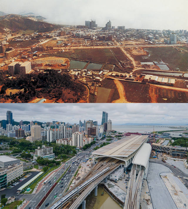 上圖：1984年正在建設(shè)中的拱北區(qū)。洪漢波 攝；下圖：2020年，城軌正在駛出拱北珠海站