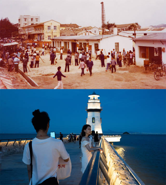 上圖：1981年，香洲城區(qū)舊貌；下圖：2020年，香洲情侶路邊的愛情燈塔，成為市民游客游玩的熱門景點