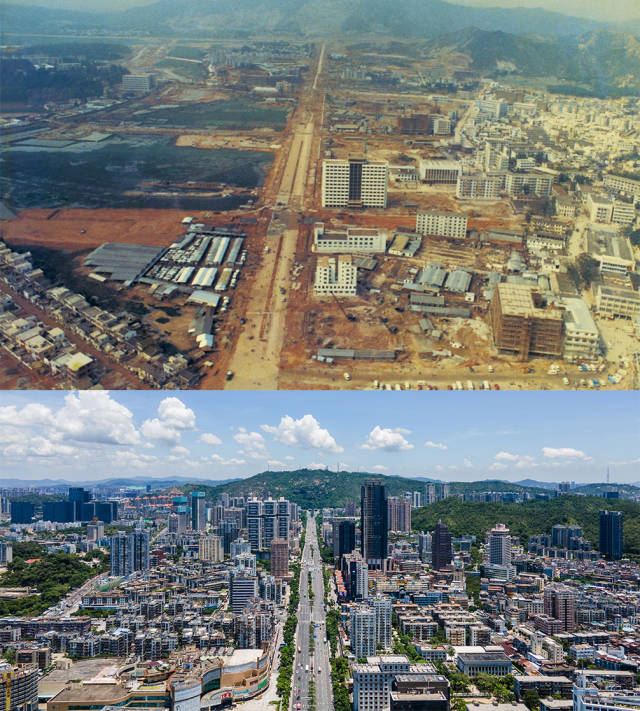 上圖：1984年，動工建設(shè)的拱北迎賓大道；下圖：2020年，北望板樟山，沿著迎賓大道發(fā)展的珠海市區(qū)