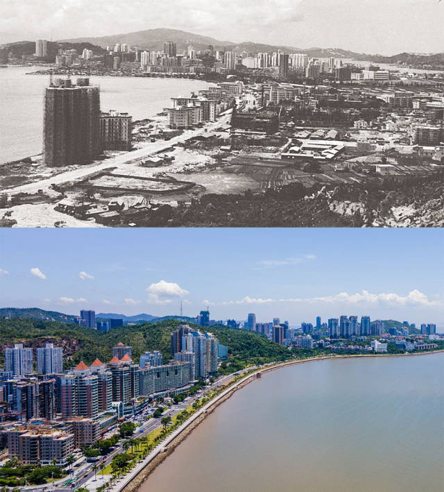 上圖：1984年拱北海邊一帶。李小崢 攝；下圖：2020年，拱北沿海