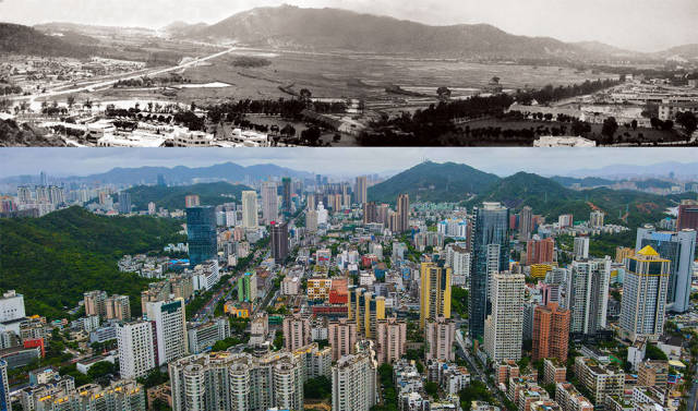 上圖：1983年，吉大舊貌?？讘c憲 攝；下圖：2020年，珠海香洲區(qū)吉大商業(yè)圈，曾經(jīng)的平房如今高樓林立