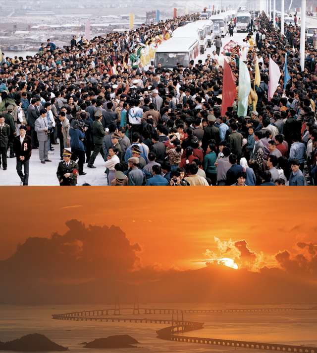 上圖：1993年11月，珠海大橋通車；下圖：2020年，港珠澳大橋日出。港珠澳大橋的建成使得粵港澳三地聯(lián)系更加緊密
