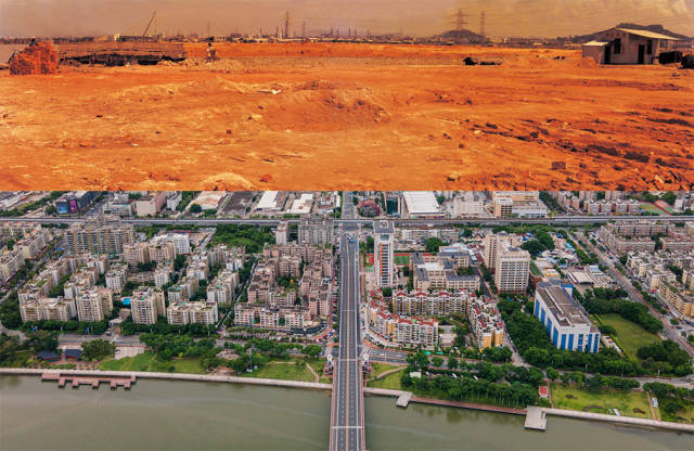 上圖：1988年，拱北夏灣正在平整土地；下圖：2020年，珠海市夏灣