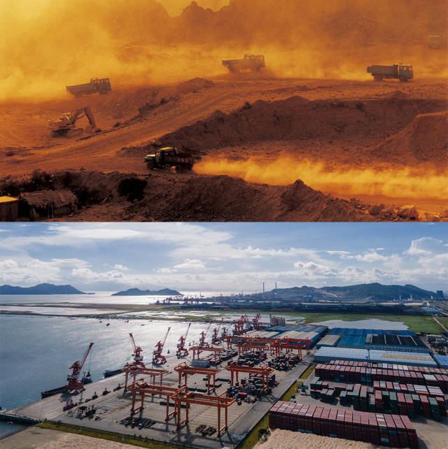 上圖：1990年，珠海港在建設(shè)中；下圖：2020年，珠海市高欄港經(jīng)濟區(qū)承載著特區(qū)貨運樞紐的重擔
