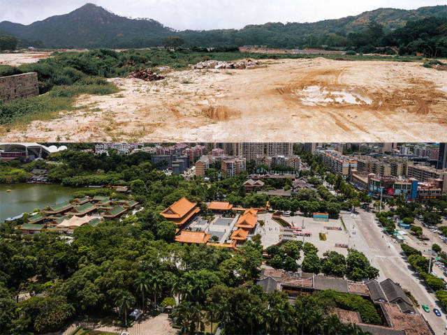上圖：1991年，圓明新園原址；下圖：2020年，香洲區(qū)圓明新園如今被一棟棟嶄新的現(xiàn)代樓房包圍