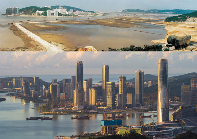 上圖：1992年，橫琴島十字門圍海造地；下圖：2020年，珠海橫琴新區(qū)的建設(shè)正如火如荼進行中