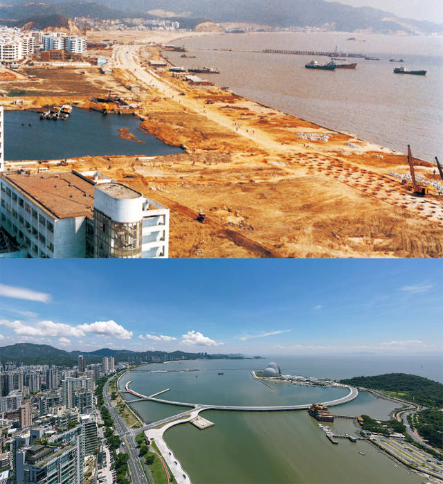 上圖：1991年，香洲灣情侶中路在建設(shè)中；下圖：2020年，香洲灣情侶路今景。外海處的日月貝大劇院成為珠海的新地標
