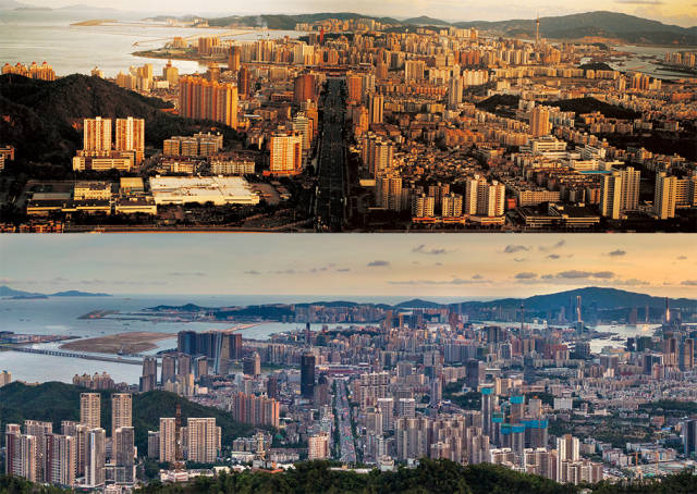 上圖：上世紀90年代初，珠海和澳門夕照錦輝；下圖：2020年，板樟山俯瞰珠海和澳門