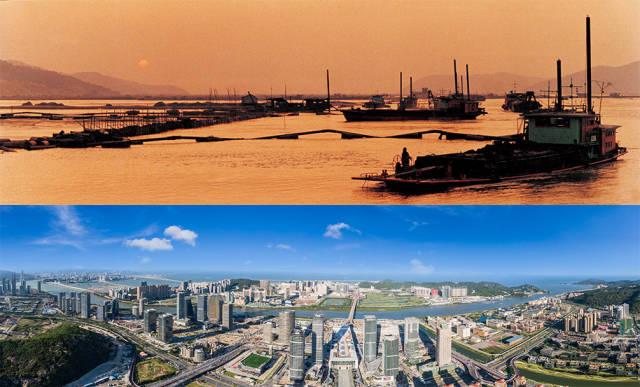 上圖：1992年，橫琴島經(jīng)過科學(xué)論證與規(guī)劃，開始大規(guī)模圍海造地；下圖：2020年，珠海橫琴新區(qū)全貌