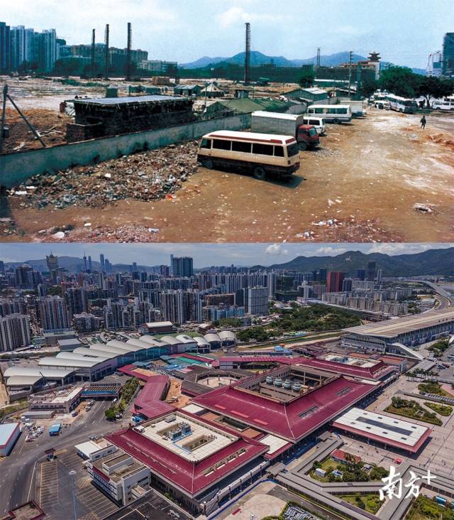 上圖： 1991年拱北口岸廣場原貌；下圖：2020年，拱北口岸仍是兩地交流的大門