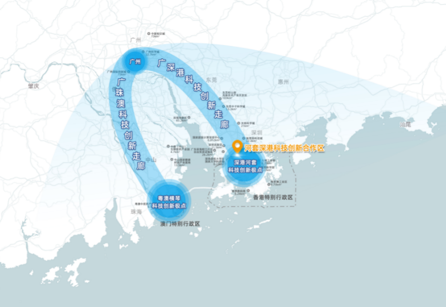河套合作區(qū)地處大灣區(qū)科技創(chuàng)新資源集聚的地帶，有力支撐廣深港科技創(chuàng)新走廊建設(shè)，有利于融合香港原始創(chuàng)新和珠三角地區(qū)高新技術(shù)產(chǎn)業(yè)優(yōu)勢(shì)，全方位匯聚創(chuàng)新資源。圖為兩點(diǎn)兩廊（即廣深港、廣珠澳科創(chuàng)走廊和深圳河套、珠海橫琴創(chuàng)新極點(diǎn)）示意圖。