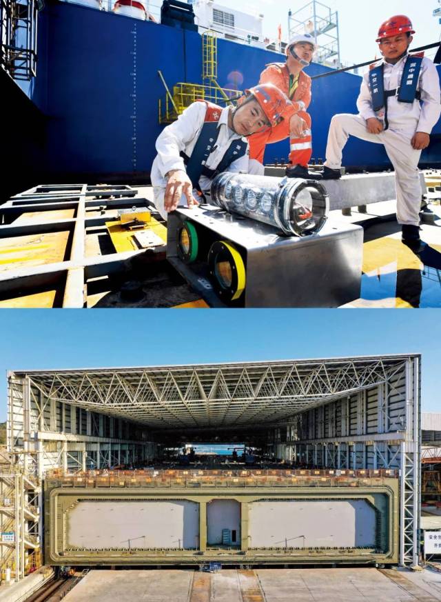 上圖：2022年7月22日，在“一航津安1”號沉管運(yùn)輸安裝一體船掛載的E19沉管上，測繪團(tuán)隊負(fù)責(zé)人（左一）為潛水員講解拆解水下雙目攝影定位設(shè)備的注意事項(xiàng)。下圖：2023年1月30日，中交四航局珠海牛頭島沉管智慧工廠，深中通道海底隧道最后一個管節(jié)（非標(biāo)準(zhǔn)管節(jié)、含最終接頭）。本版圖/新華社