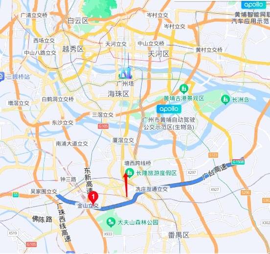 藍色曲線為廣臺高速，紅色箭頭為廣臺高速以北番禺地區(qū)。