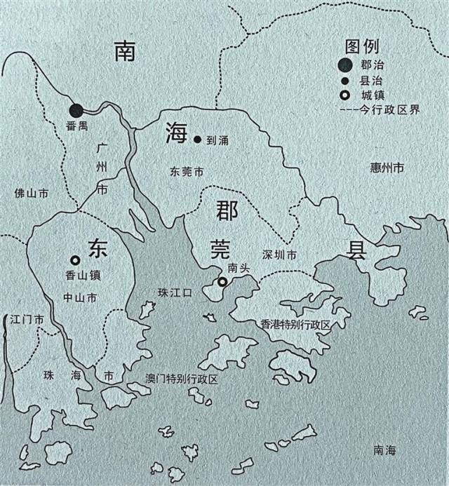 唐代東莞縣轄區(qū)圖。來源：《深圳古代史》，陳海濱 著，深圳報(bào)業(yè)集團(tuán)出版社2015年1月第一版。