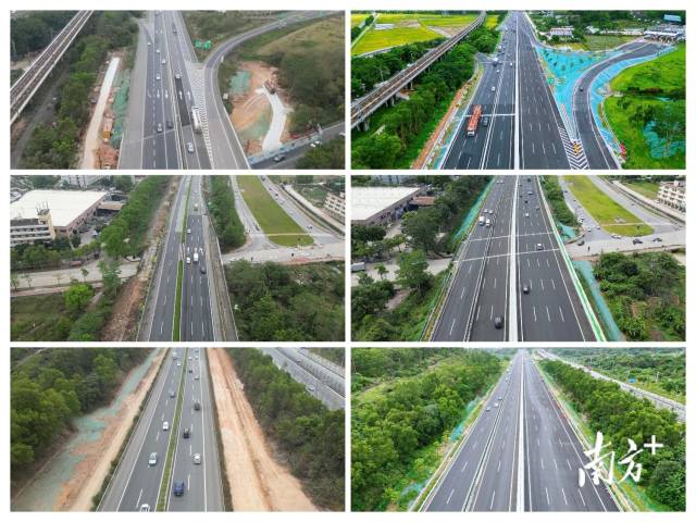 广澳高速部分路段改扩建前（左）与改扩建后（右）对比。