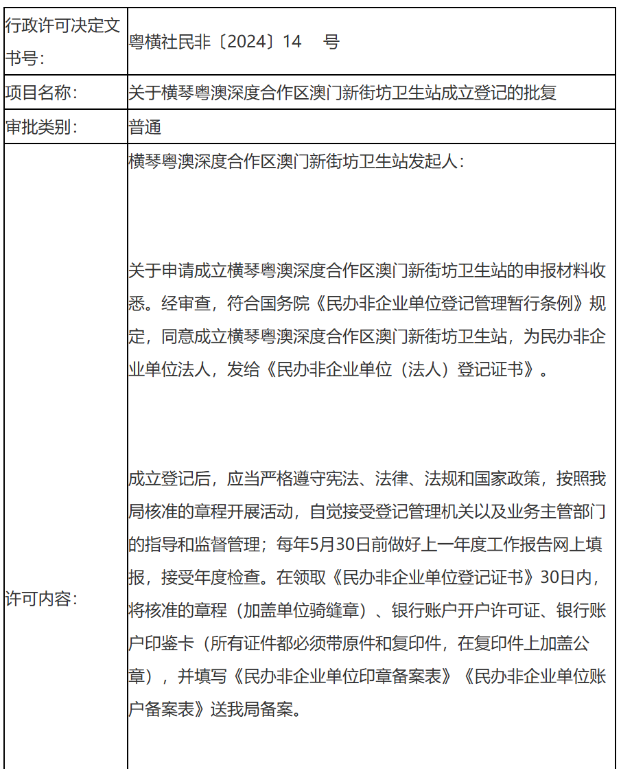 關于橫琴粵澳深度合作區(qū)澳門新街坊衛(wèi)生站成立登記的批復