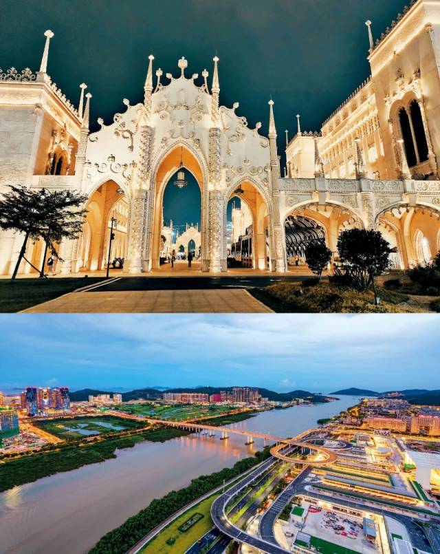 上图：航拍珠海湾仔、横琴和澳门。中图：励骏庞都广场。下图：莲花大桥。本版图/视觉中国 IC