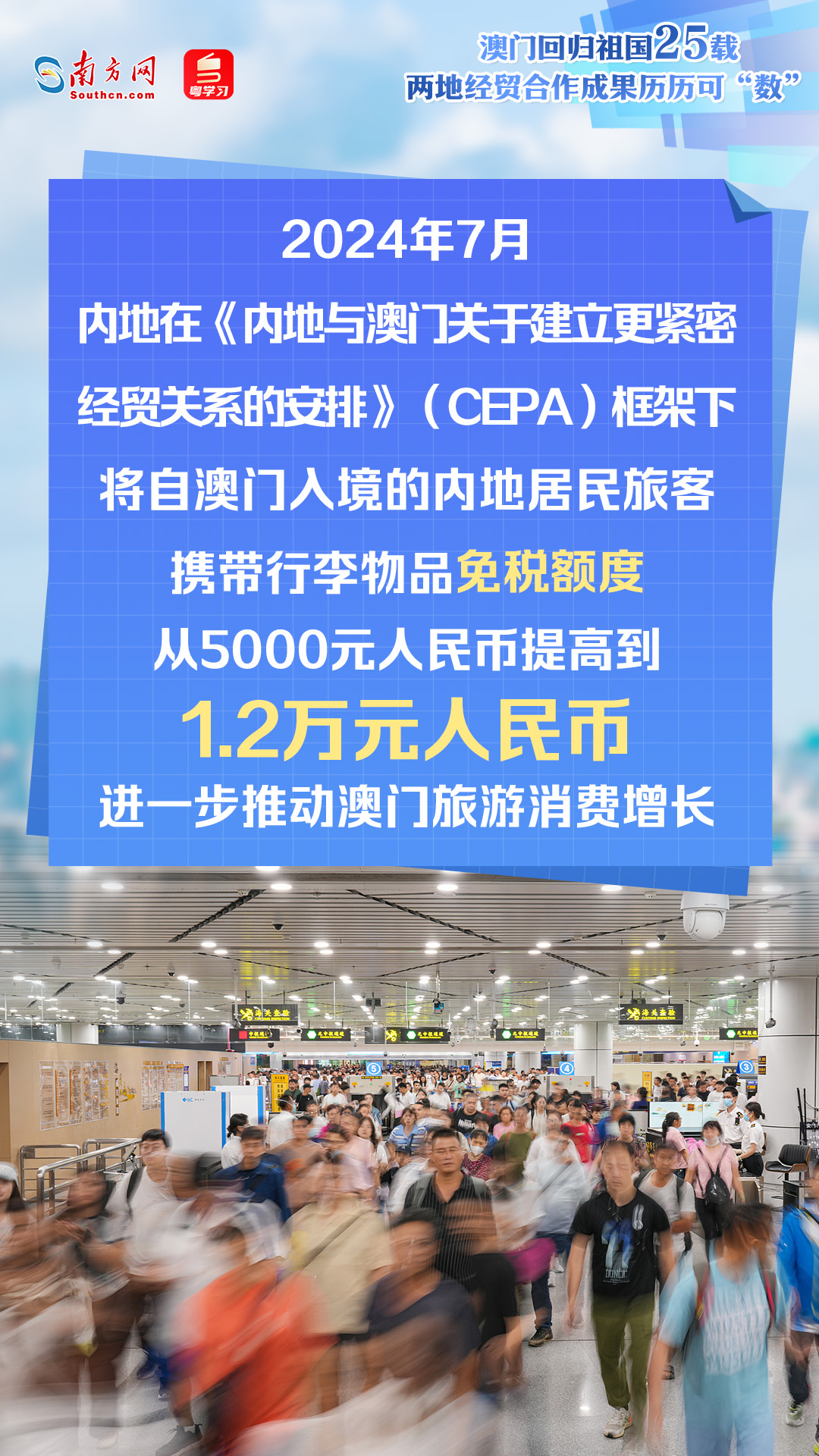 澳門回歸祖國25年來，內(nèi)地與澳門經(jīng)貿(mào)交流合作不斷深入，助推澳門經(jīng)濟快速增長、民生持續(xù)改善，更好融入國家發(fā)展大局。透過一組數(shù)據(jù)海報，一起速覽兩地經(jīng)貿(mào)合作成果。