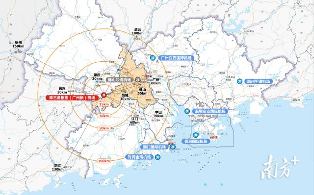 機(jī)場(chǎng)在粵港澳大灣區(qū)的位置。