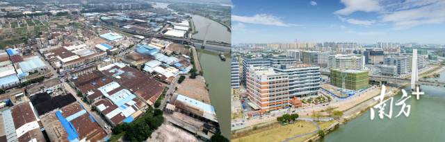中山智能家电产业园（大岑片区）改造前后对比。左图为资料图，右图高隽摄。  中山智能家电产业园（大岑片区）改造前后对比。左图为资料图，右图高隽摄。