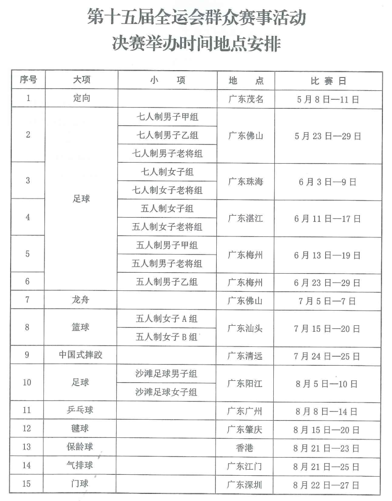 十五運(yùn)會群眾體育賽事活動預(yù)決賽時間地點發(fā)布