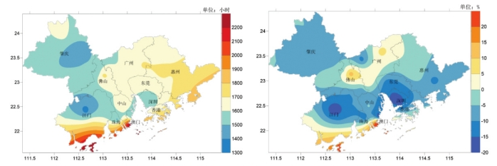 左图为2024大湾区年日照时数分布（小时），右图为2024大湾区年日照时数距平百分率分布（%）